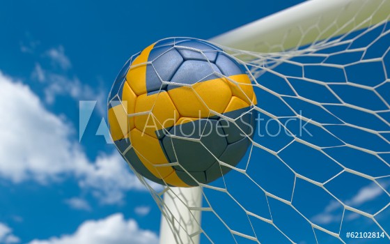 Picture of Sweden flag and soccer ball in goal net